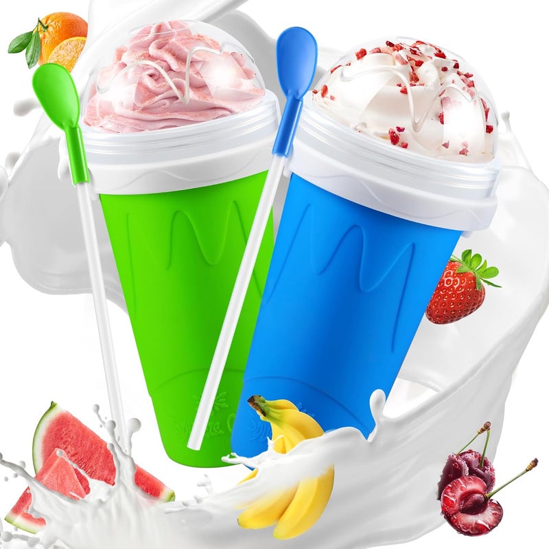 RELPOM 2 Pack Slushy Cup, Slushie Maker Cups, Magic Quick Frozen Squeeze Cups for Juice Milk Ice Cream Yogurt, DIY Smoothie Cooling Cup with Lid and Straw for Kids Friends Family (Blue and Green) - Image 1